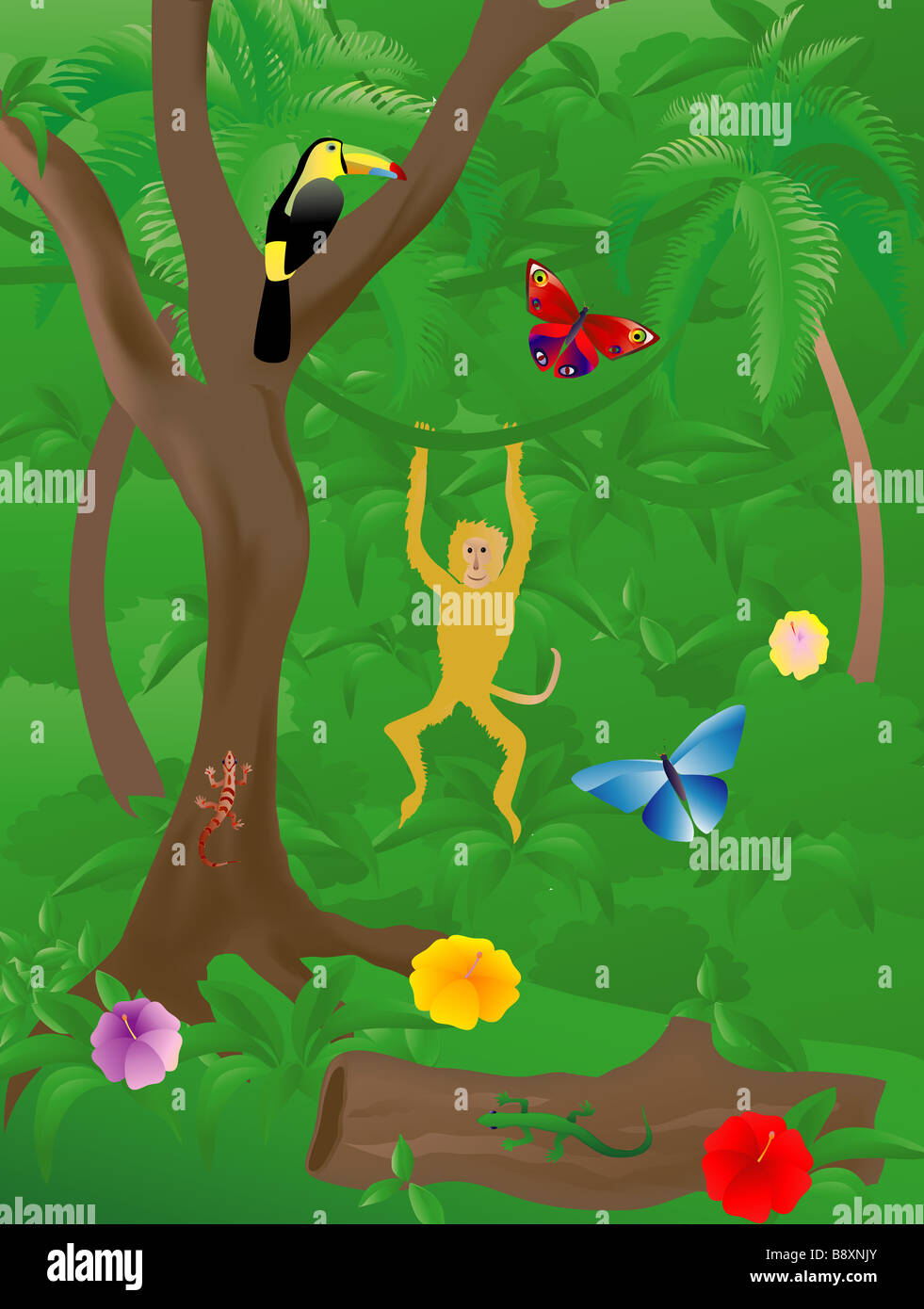 Vektorgrafik des Dschungels mit verschiedenen Tieren Stockfoto