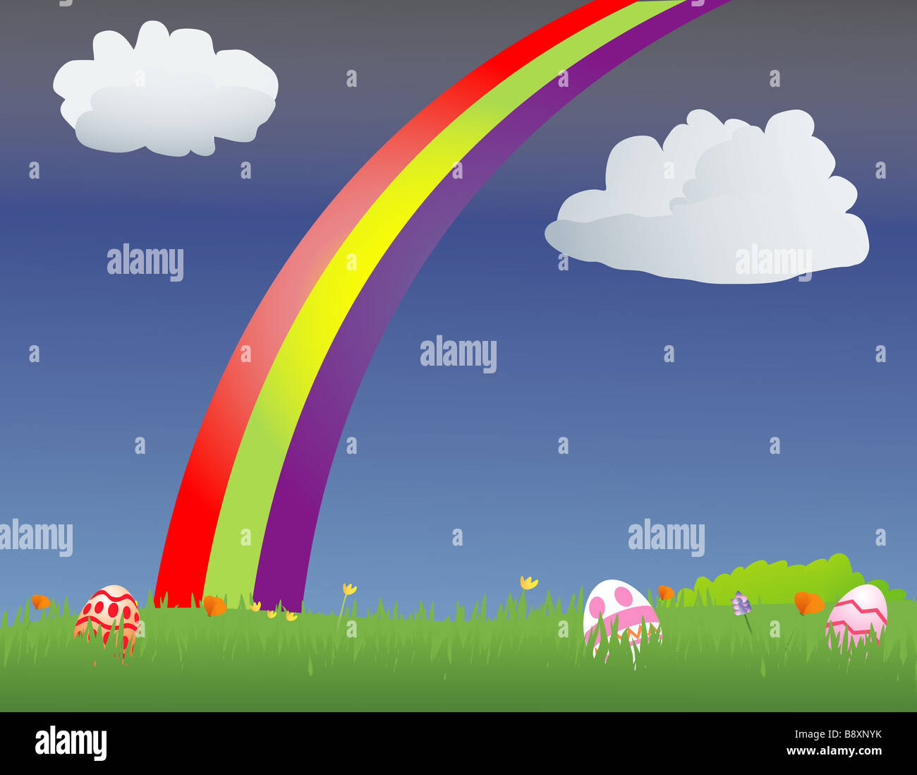 Regenbogen in einem Feld mit Ostereiern Stockfoto