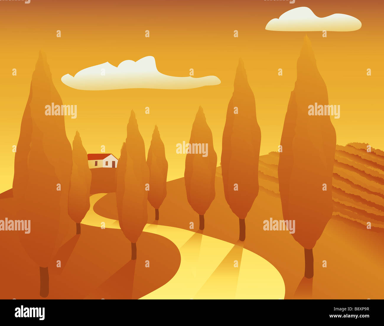 Illustration einer Sommer Nachmittag Landschaft mit einem Weingut Baum säumten gelben Weg etc. Stockfoto