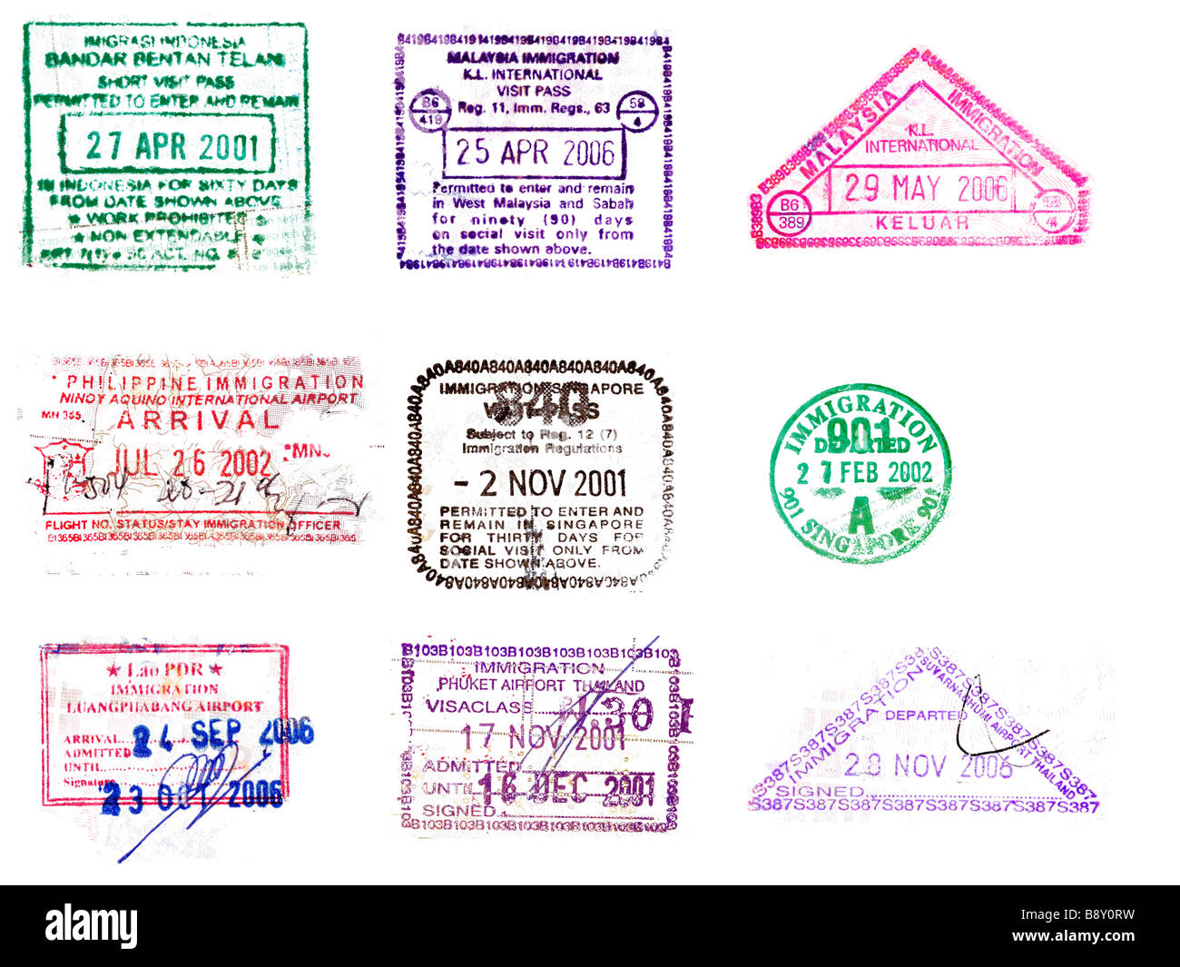 Sammlung von asiatischen Passstempel aus Indonesien, Laos, Malaysia, Philippinen, Singapur, Thailand Stockfoto