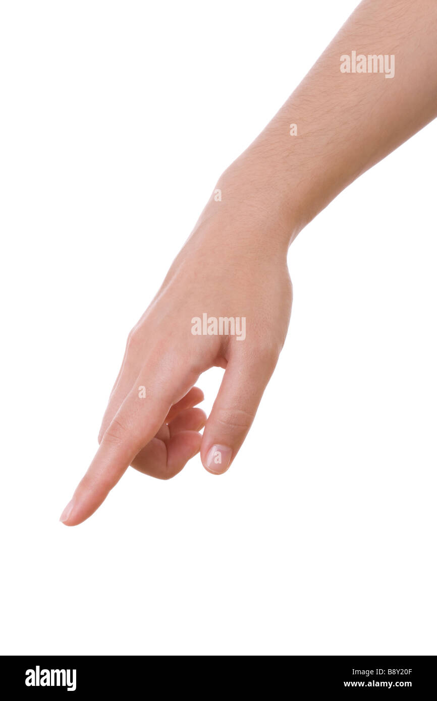 Hand, die zeigt, berühren oder drücken auf weiß isoliert. Kaukasische weiblich. Stockfoto