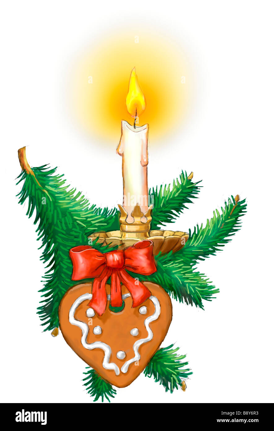 Kerzen und Lebkuchen Herz am Weihnachtsbaum Stockfoto