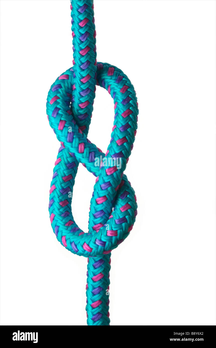Achterknoten auf ein blaues Seil mit rosa und lila Highlights isoliert auf weißem Hintergrund Stockfoto