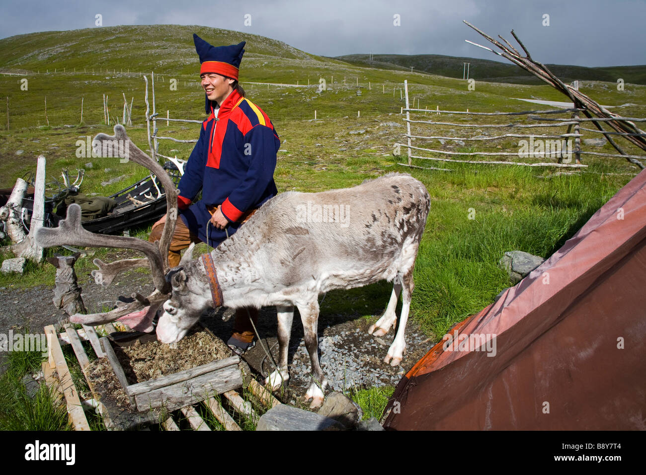 Sami tribal Mann stehend neben ein Rentier, Honningsvag, Mageroya Island, Nordkap, Finnmark County, Norwegen Stockfoto