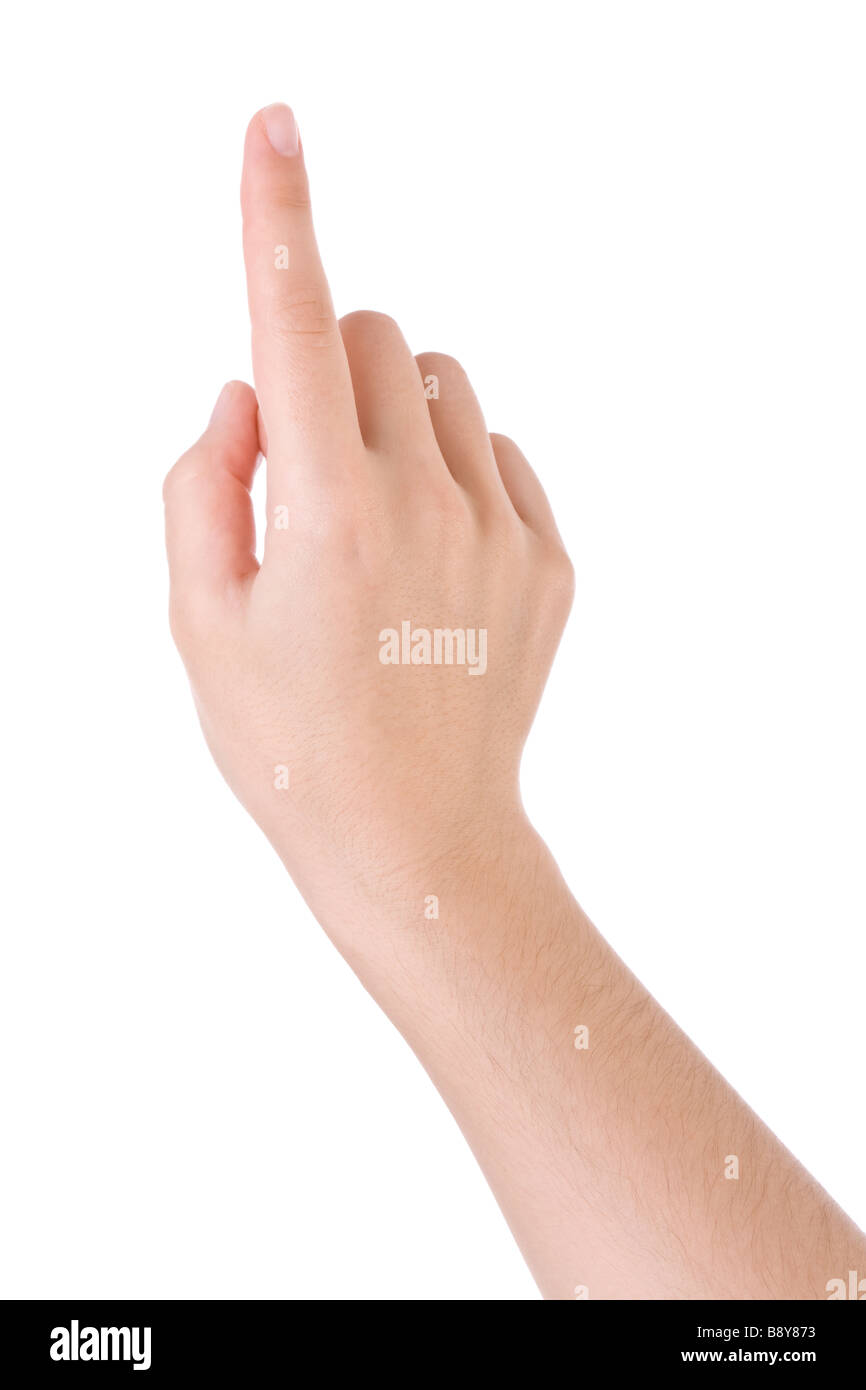 Hand, die zeigt, berühren oder drücken auf weiß isoliert. Kaukasische weiblich. Stockfoto