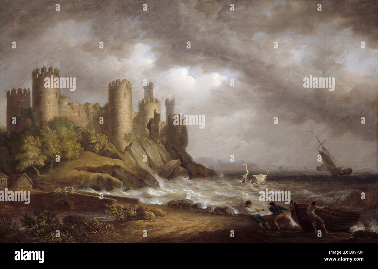 Ein Gemälde von A VIEW OF CONWAY CASTLE von Nicholas Pocock Post Erhaltung Stockfoto