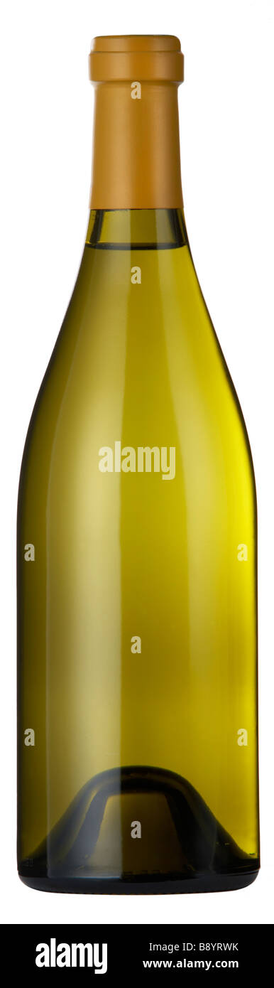 Leere Flasche Weisswein ohne Beschriftung auf weißem Hintergrund mit gelbe Kapsel Stockfoto