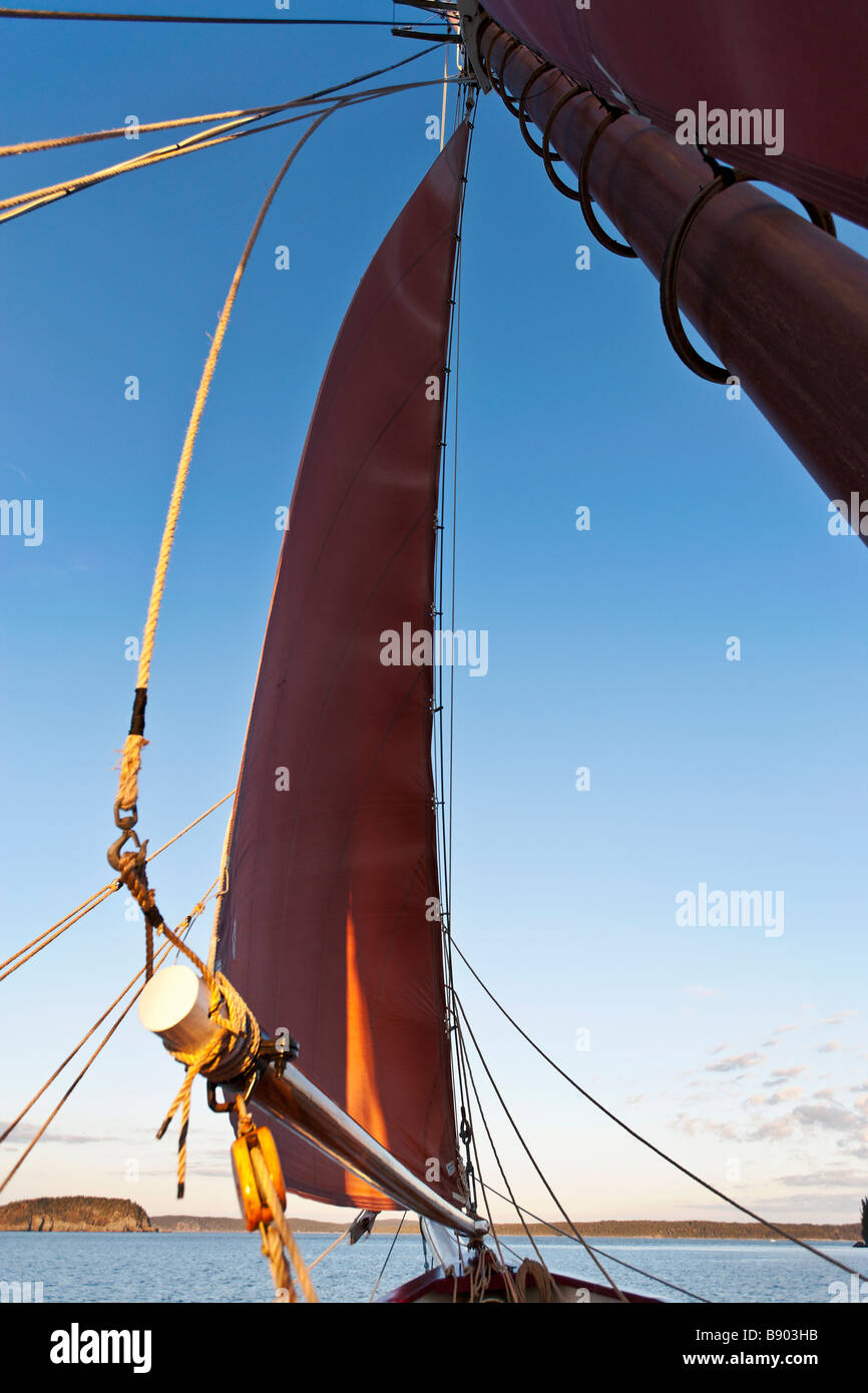 Niedrigen Winkel Ansicht von Mast und Segel auf einem Segelboot Stockfoto