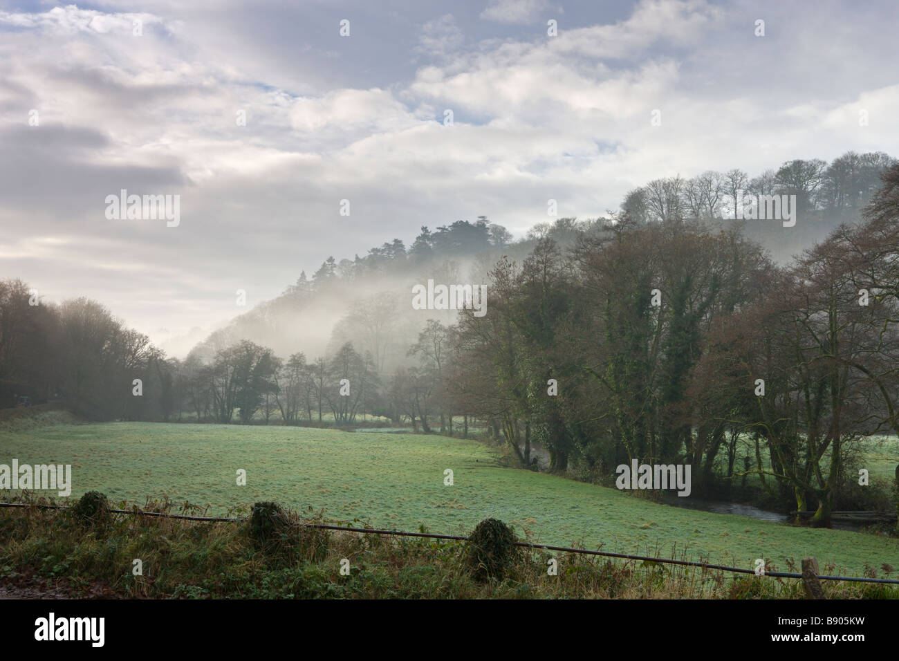 Nebligen Wintermorgen im Fluss Exe Valley am Coppleham Exmoor Nationalpark Somerset England Stockfoto