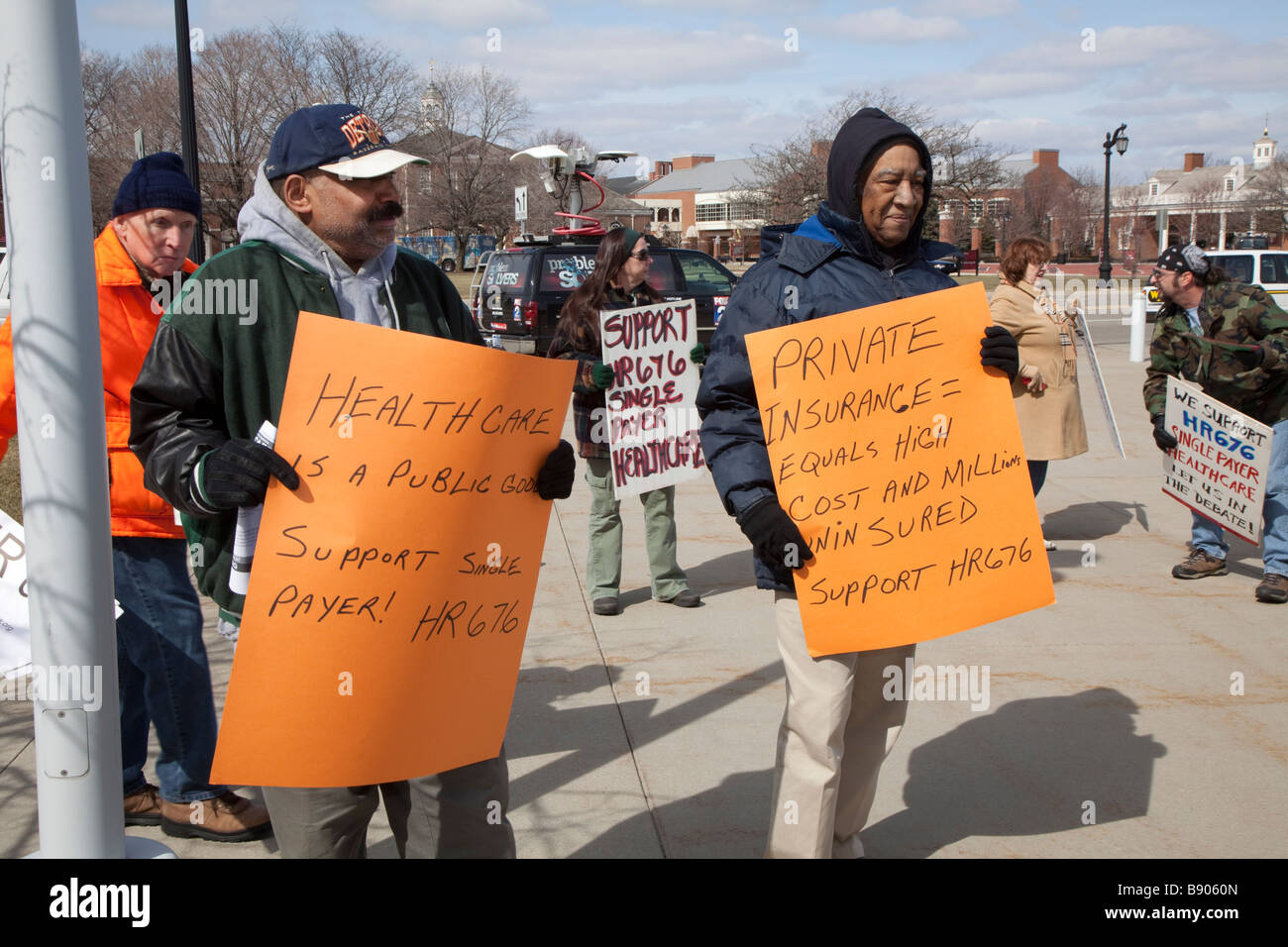 Arbeiter demonstrieren für einzigen Auftraggebers Health Care System Stockfoto