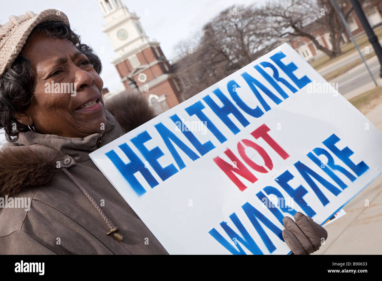 Arbeiter demonstrieren für einzigen Auftraggebers Health Care System Stockfoto