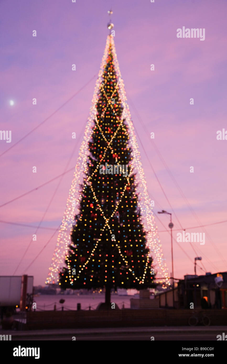 Ein Weihnachtsbaum in der Nacht. Stockfoto