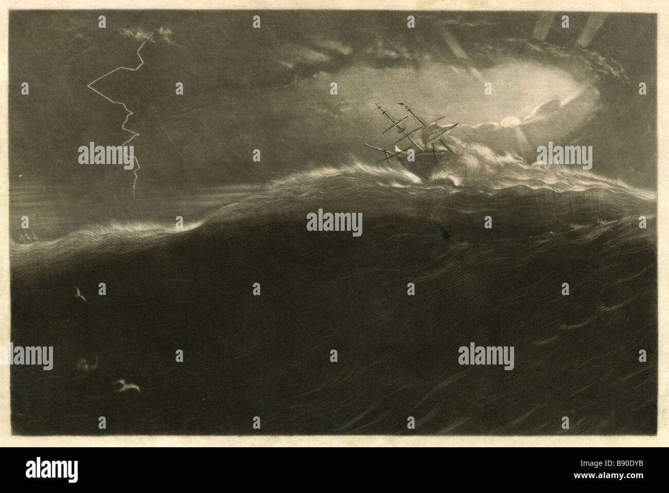 1848 Gravur, "Overboard in der Golfregion."  Beachten Sie die kleine Figur in dunklen Wellen in der linken Ecke in der Nähe von Vögel. Stockfoto