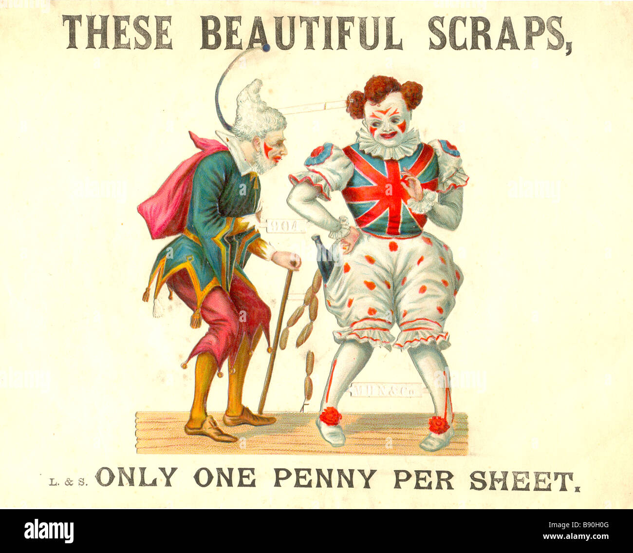 Chromolithographed und geprägte Diecut Fetzen Anzeige zeigt der alte Mann und der clown Stockfoto