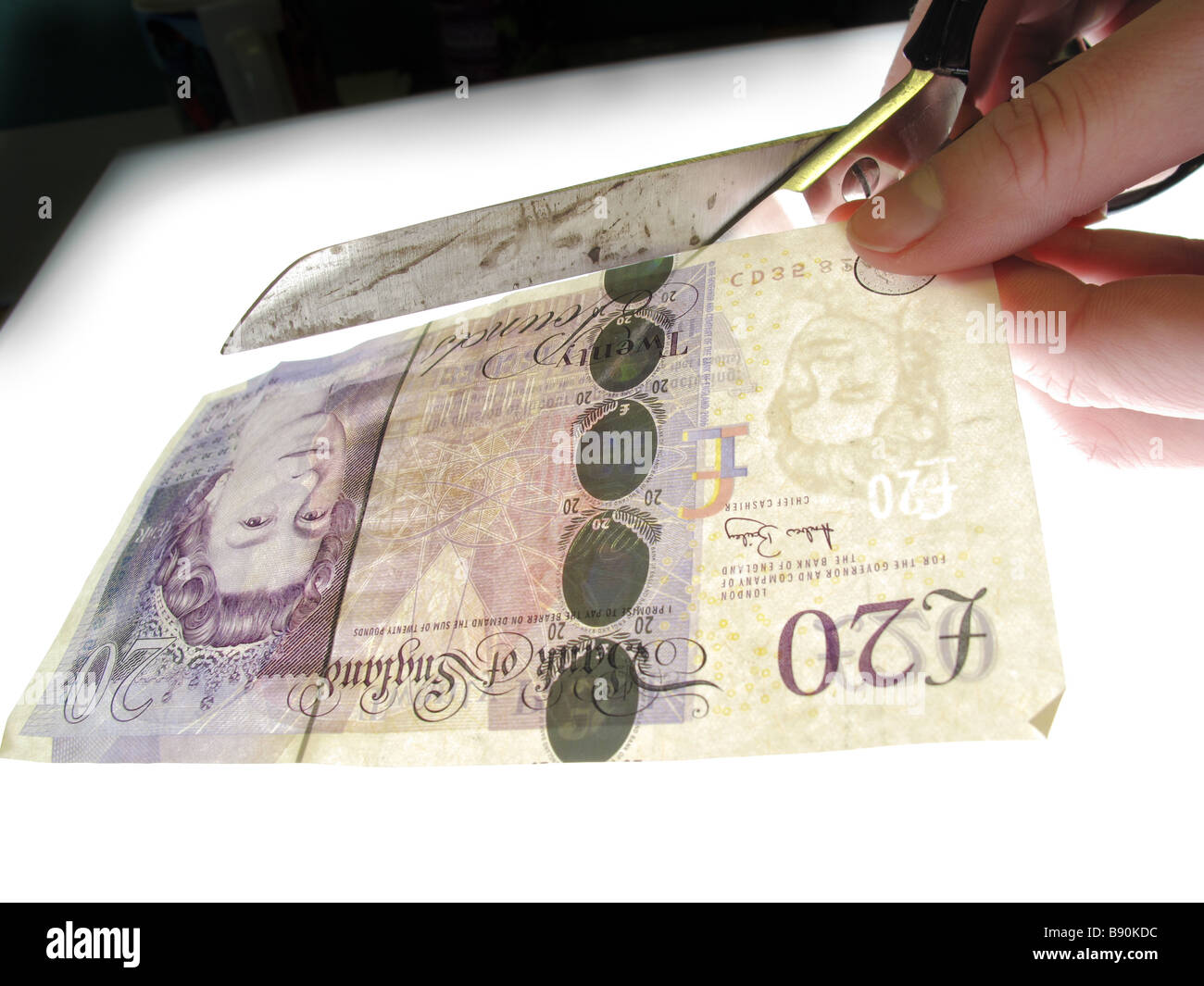 "Verschwendung von Steuergeldern" - eine Anmerkung £20 zerschneiden Stockfoto