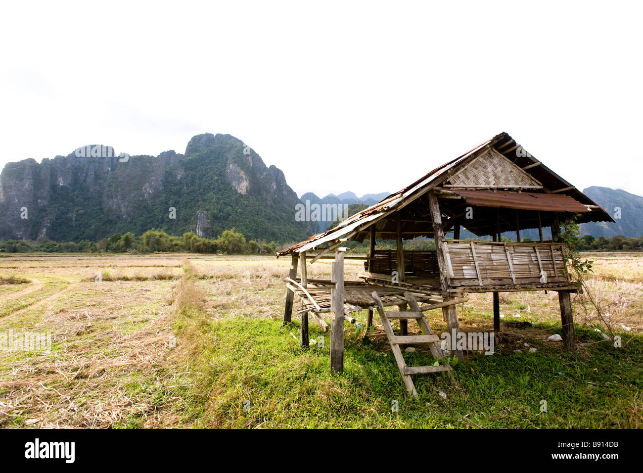 Laos, Provinz Vientiane, Vang Vieng, Holzhütte, Felder, Kalksteinhügel. Stockfoto