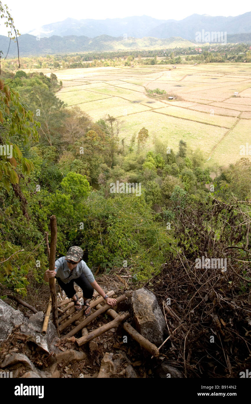 Laos, Provinz Vientiane, Vang Vieng, Kalkstein-Hügel, Bambus-Leiter, Kletterer. Stockfoto