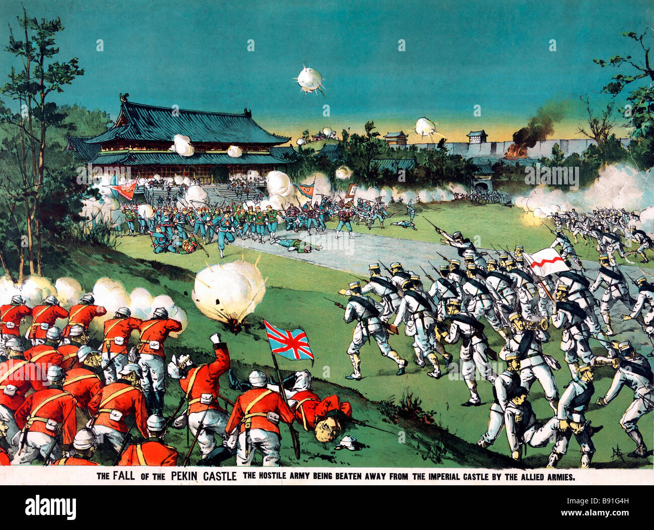 Der Fall der Peking Burg, der feindlichen Armee geschlagen von der kaiserlichen Burg entfernt von den alliierten Armeen Stockfoto