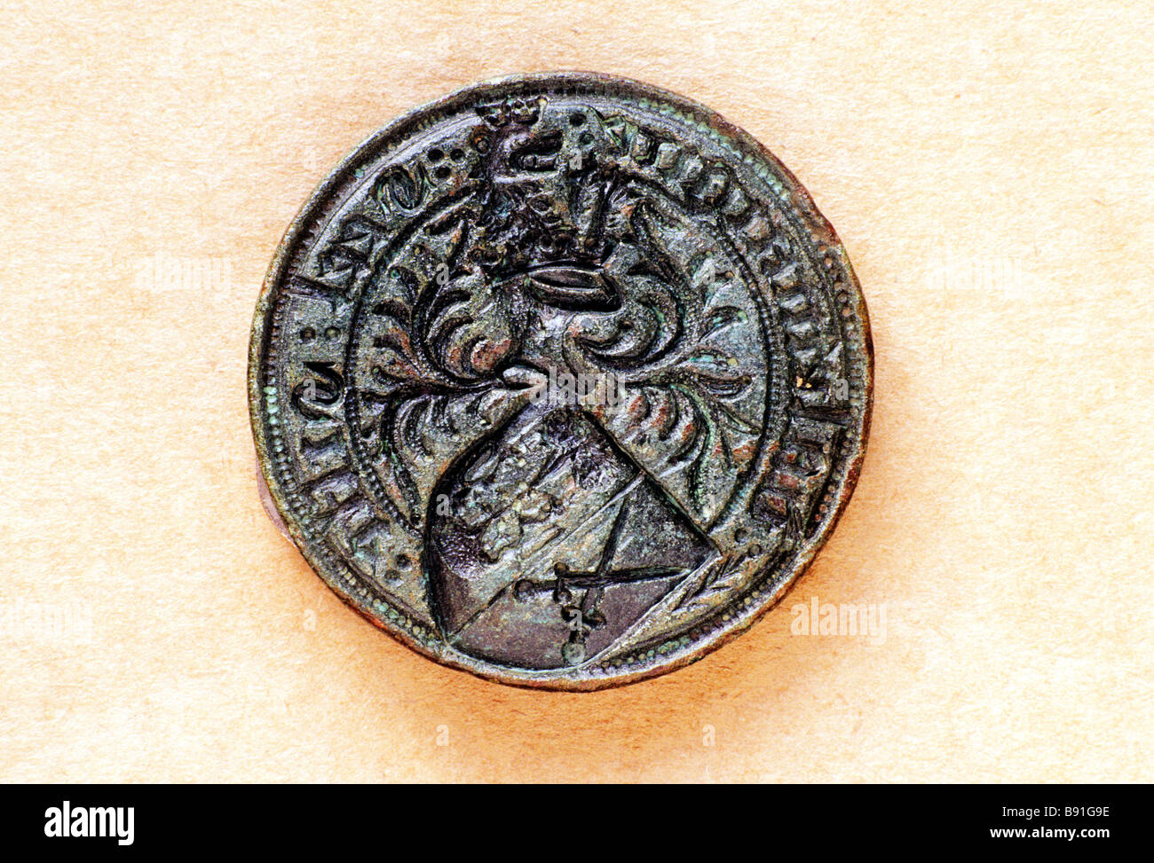 Mittelalterliche Siegelstempel 15. Jahrhundert Artefakt England UK Metalldetektoren finden historische Stockfoto
