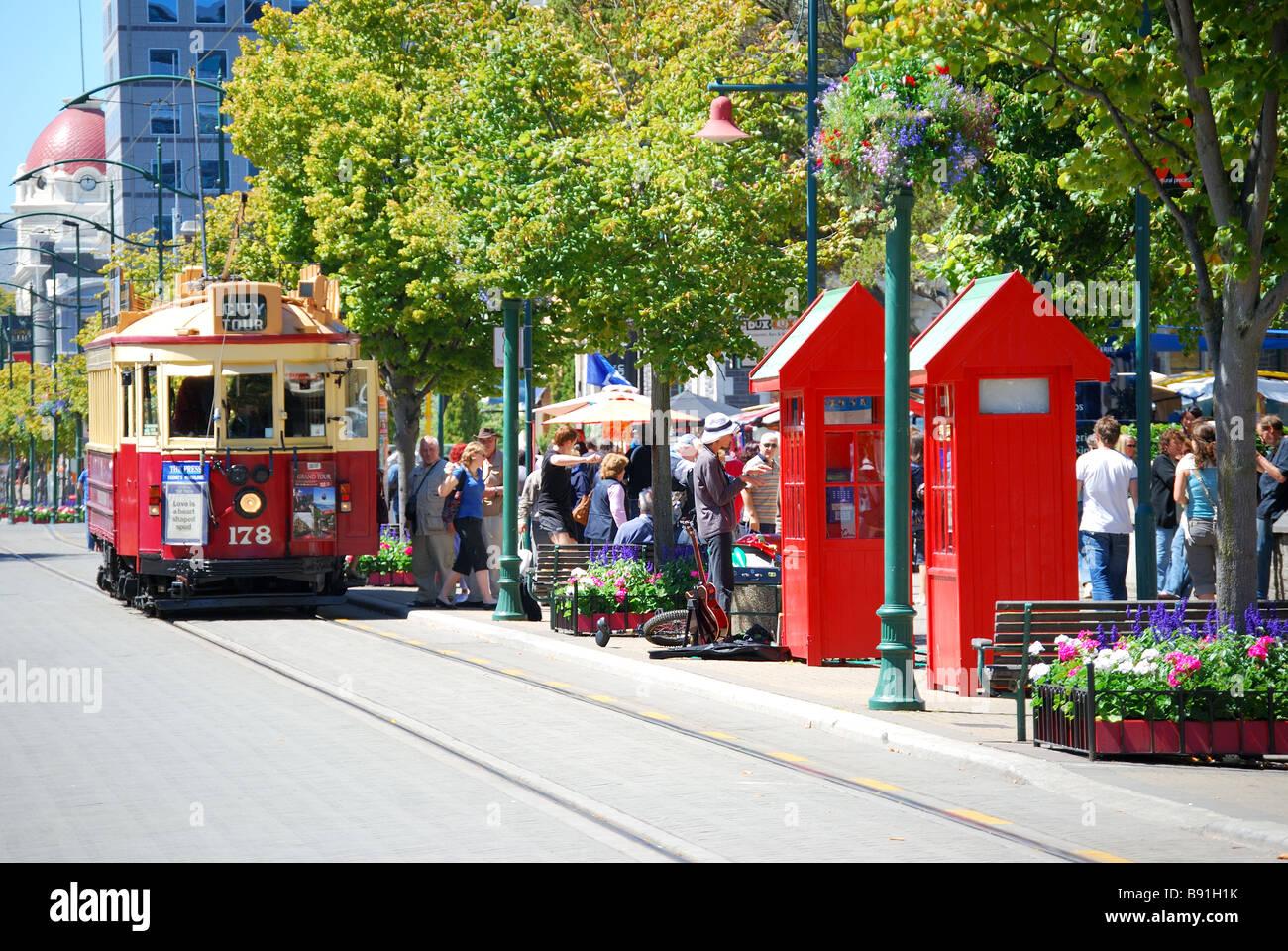 Straßenbahn-Schleife und Kunstzentrum, Worcester Boulevard, Christchurch, Canterbury, Südinsel, Neuseeland Stockfoto