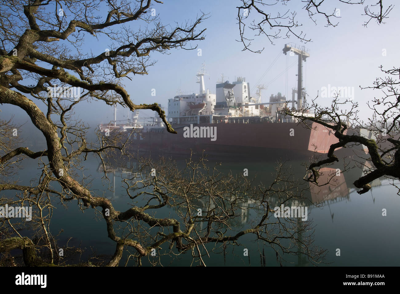 Schiff aufgelegt am Fluss Fal in Cornwall während des globalen wirtschaftlichen Abschwungs im Nebel Stockfoto