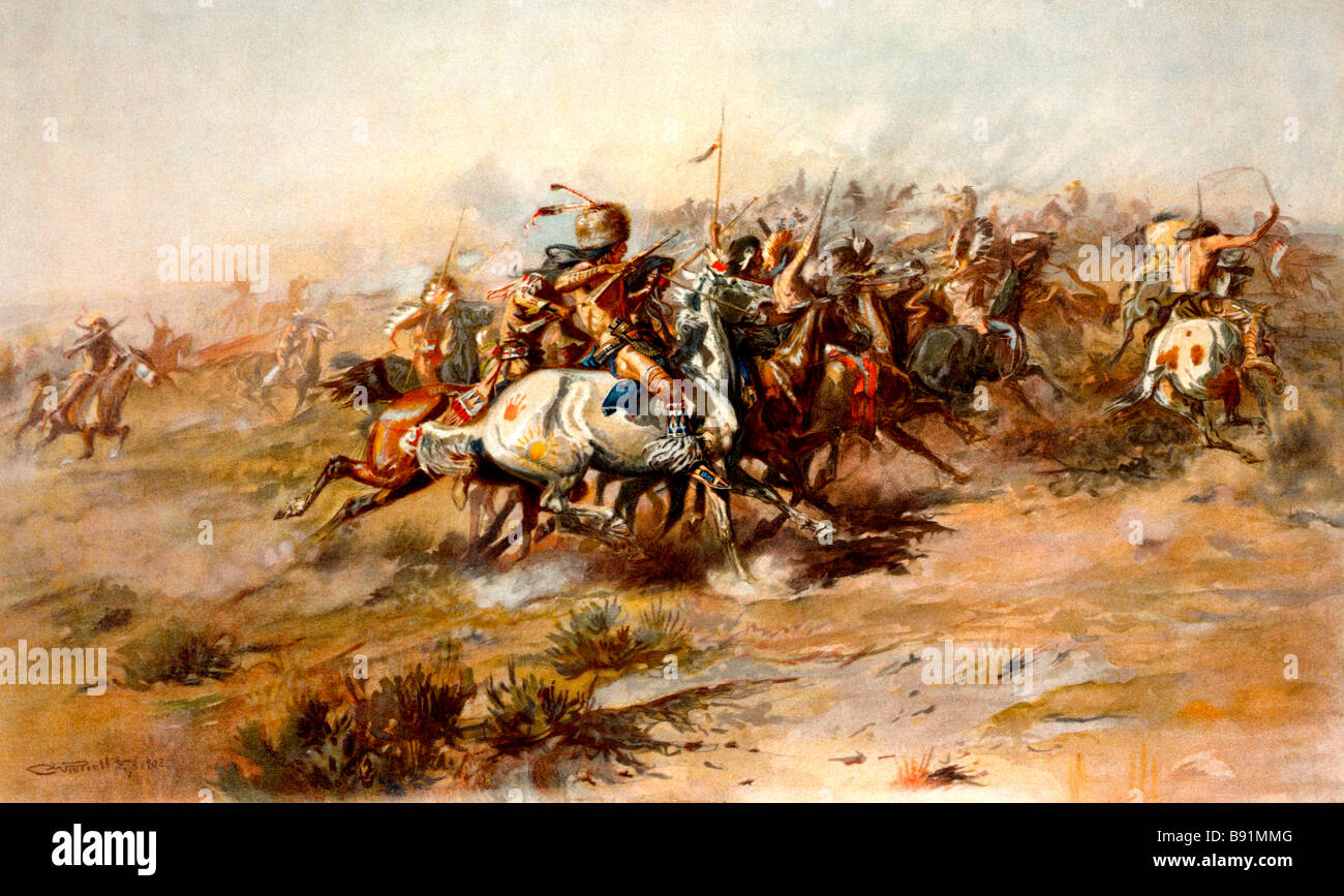 Custer-Kampf. Die Schlacht von Little Bighorn, Indianer zu Pferd im Vordergrund anzeigen Stockfoto