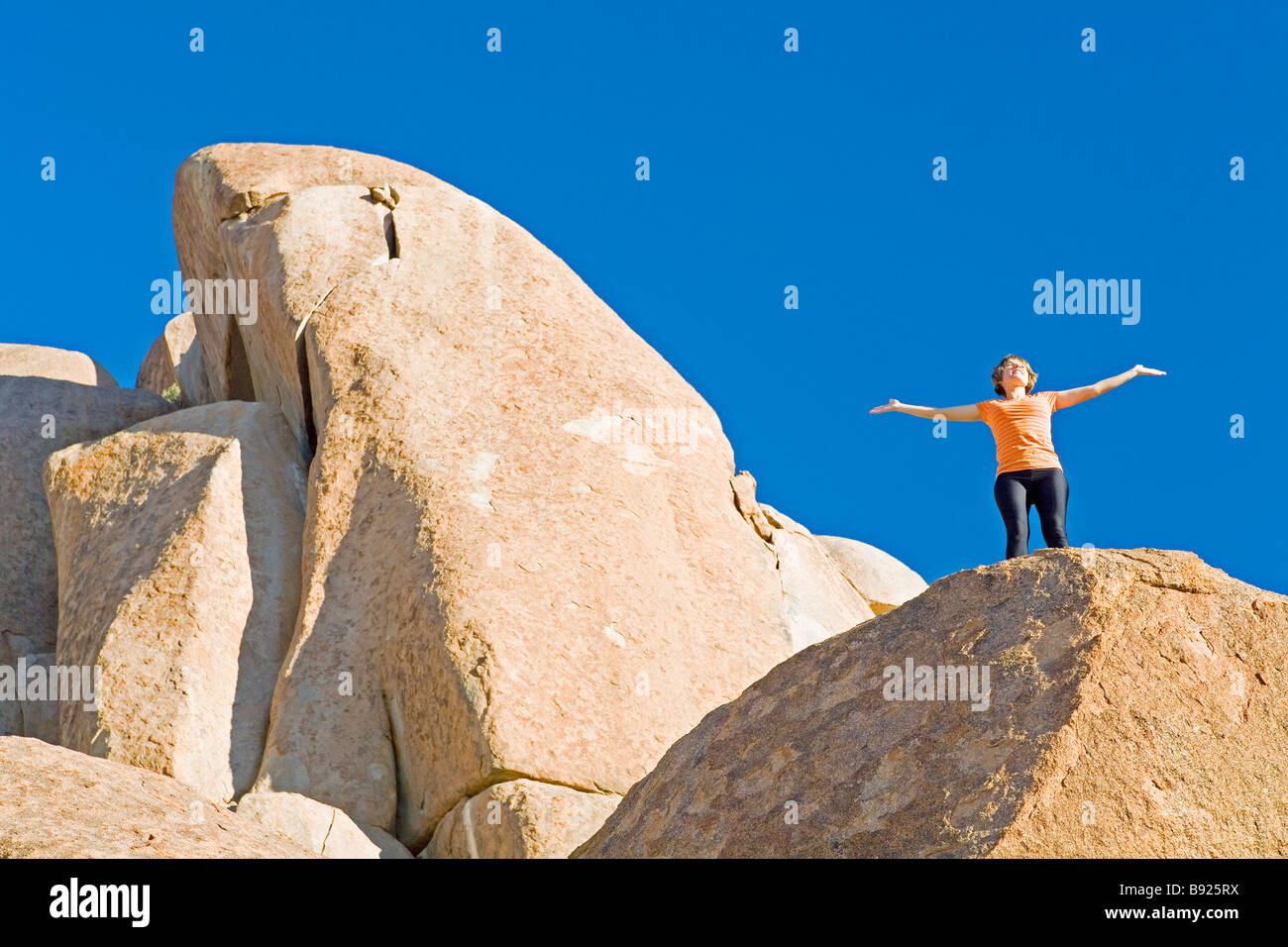 Frau steht auf einem Felsen mit Armen verteilt, Richtersveld Nationalpark Northern Cape Provinz Südafrika Stockfoto