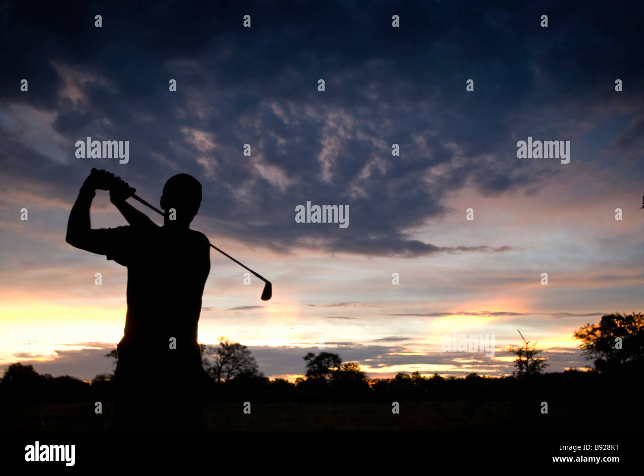 Silhouette der Golfspieler am Ende seine Schaukel im Bushveld Einstellung Moremi Wildlife Reserve Botswana Stockfoto