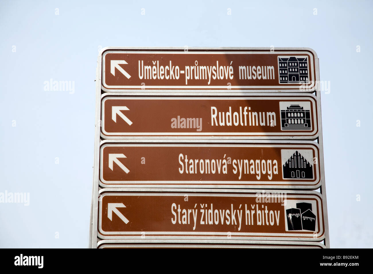 Schild mit Richtungen der Sehenswürdigkeiten in Prag Tschechische Republik Stockfoto