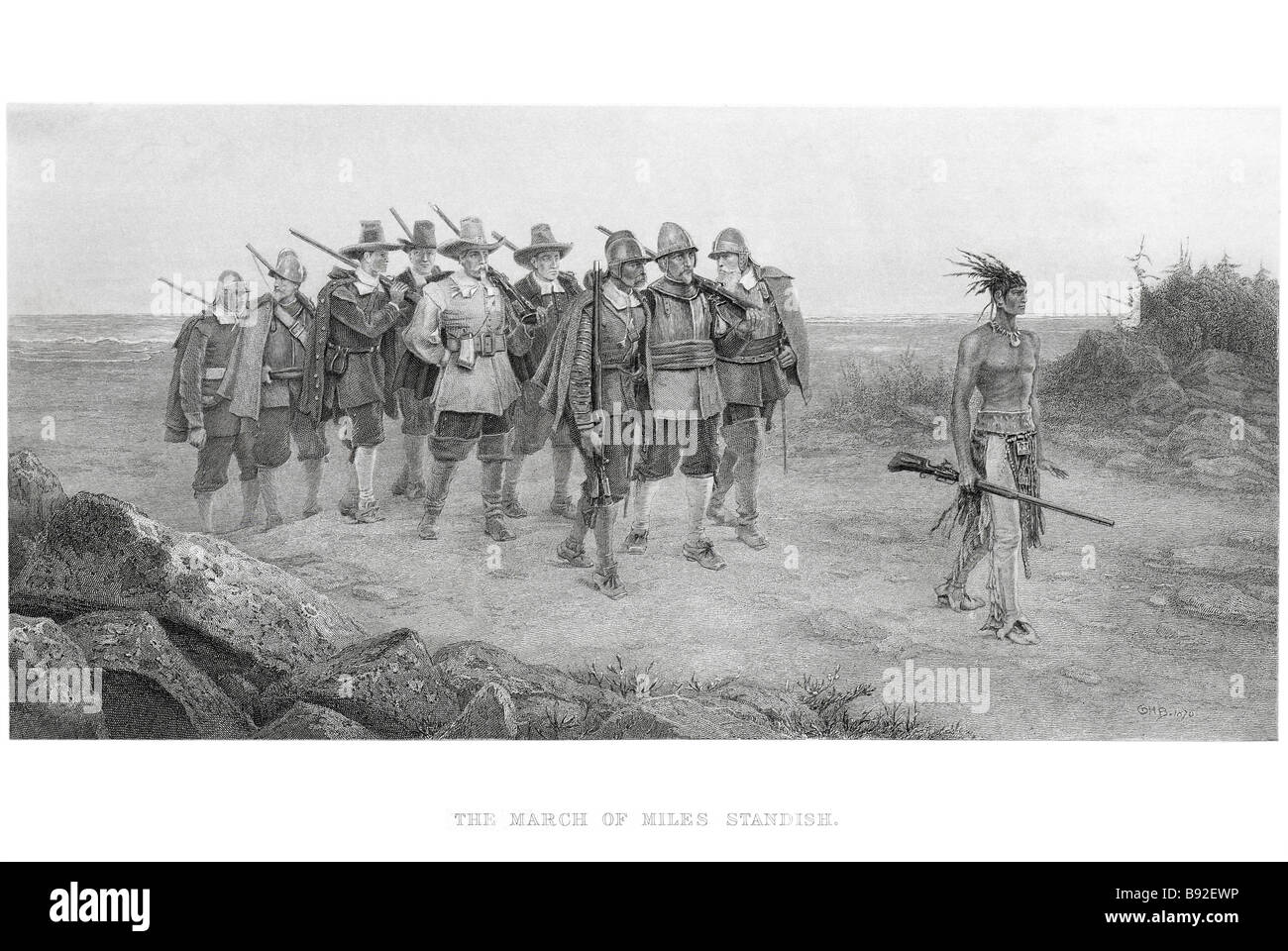 Der Marsch der Miles Standish englischen militärischen G H Boughton Maler G C Finden Stecher Stockfoto