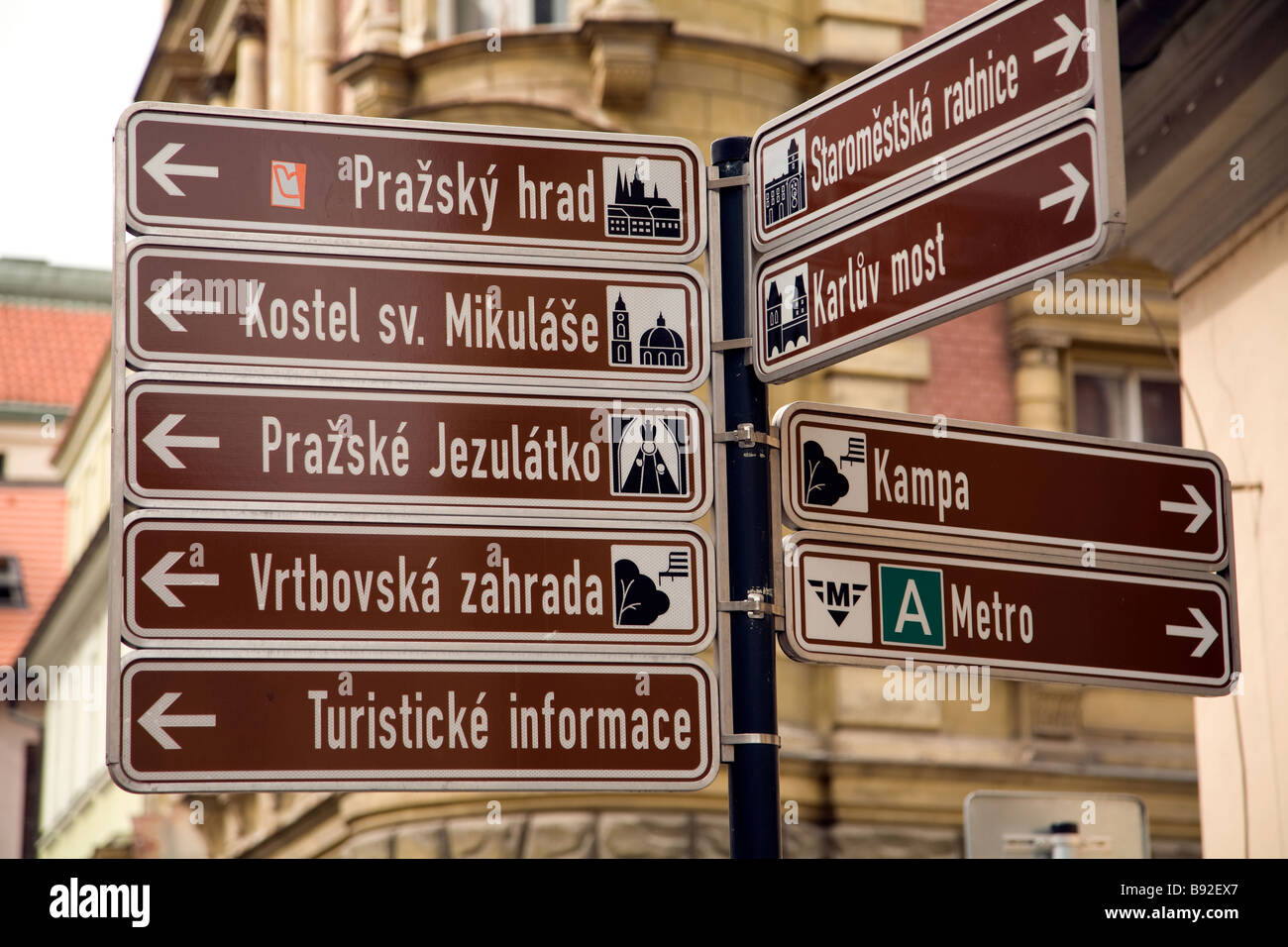 Beliebte Sehenswürdigkeiten in Prag Tschechische Republik zeigen Straßenschild Stockfoto
