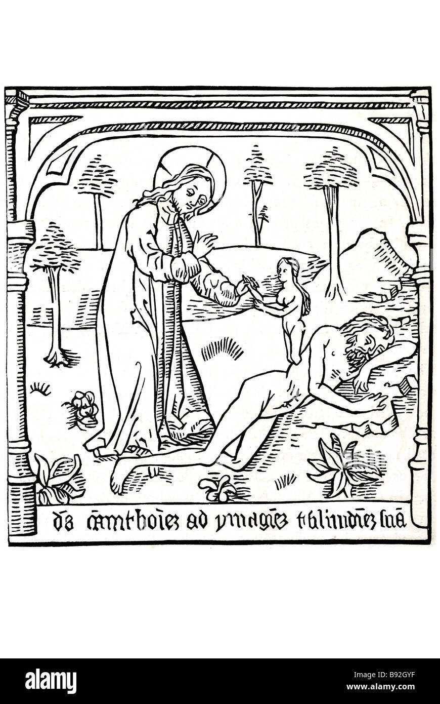 Gott schuf den Menschen nach seinem Bild und Gleichnis war die Frau im Paradies für den Menschen eine Gehilfin, hergestellt aus Adams Rippe geschaffen Stockfoto