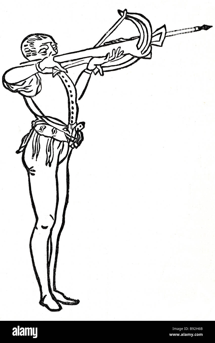 Schnitten Menschen Zeitraum Kleid Design Holzschnitzerei Bogenschütze Armbrust Mann schießen Figur Valturius graviert Stockfoto