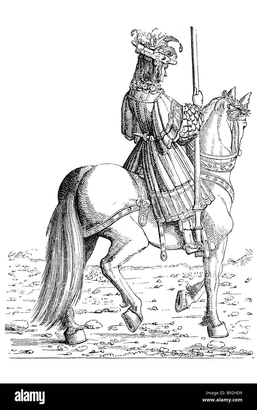 die Burgmair Mark Soldat Ritter Herr Periode dress Reiten Pferd Trachten Banner Emblem Kostüm Rüstung equine Mann Hans Stockfoto