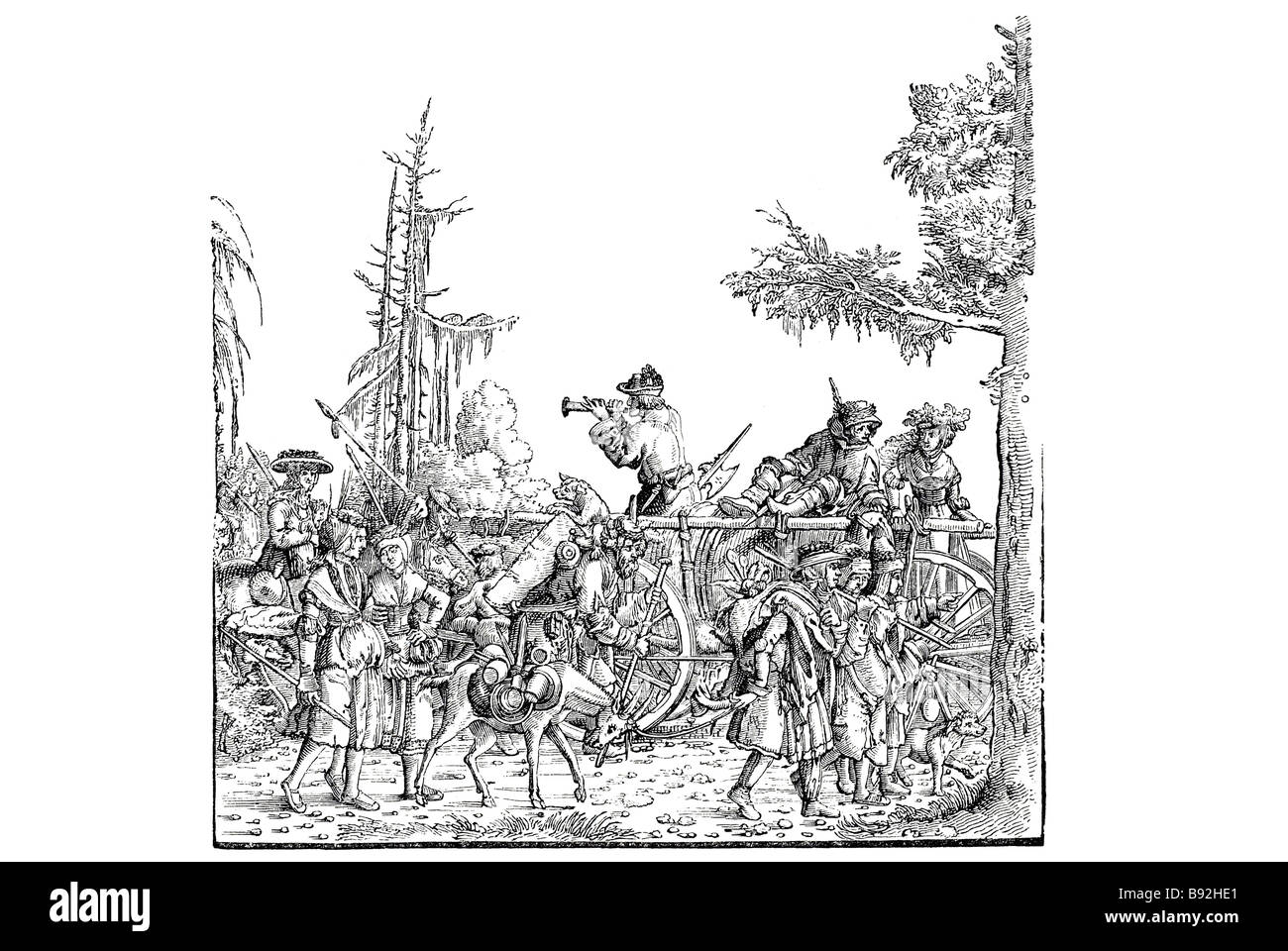 Albert Durer Pferd Wagen Arbeiter Reisende Zeit Wald Kleid Trachten Holzschnitzereien Wald Musiker Soldat armou Stockfoto