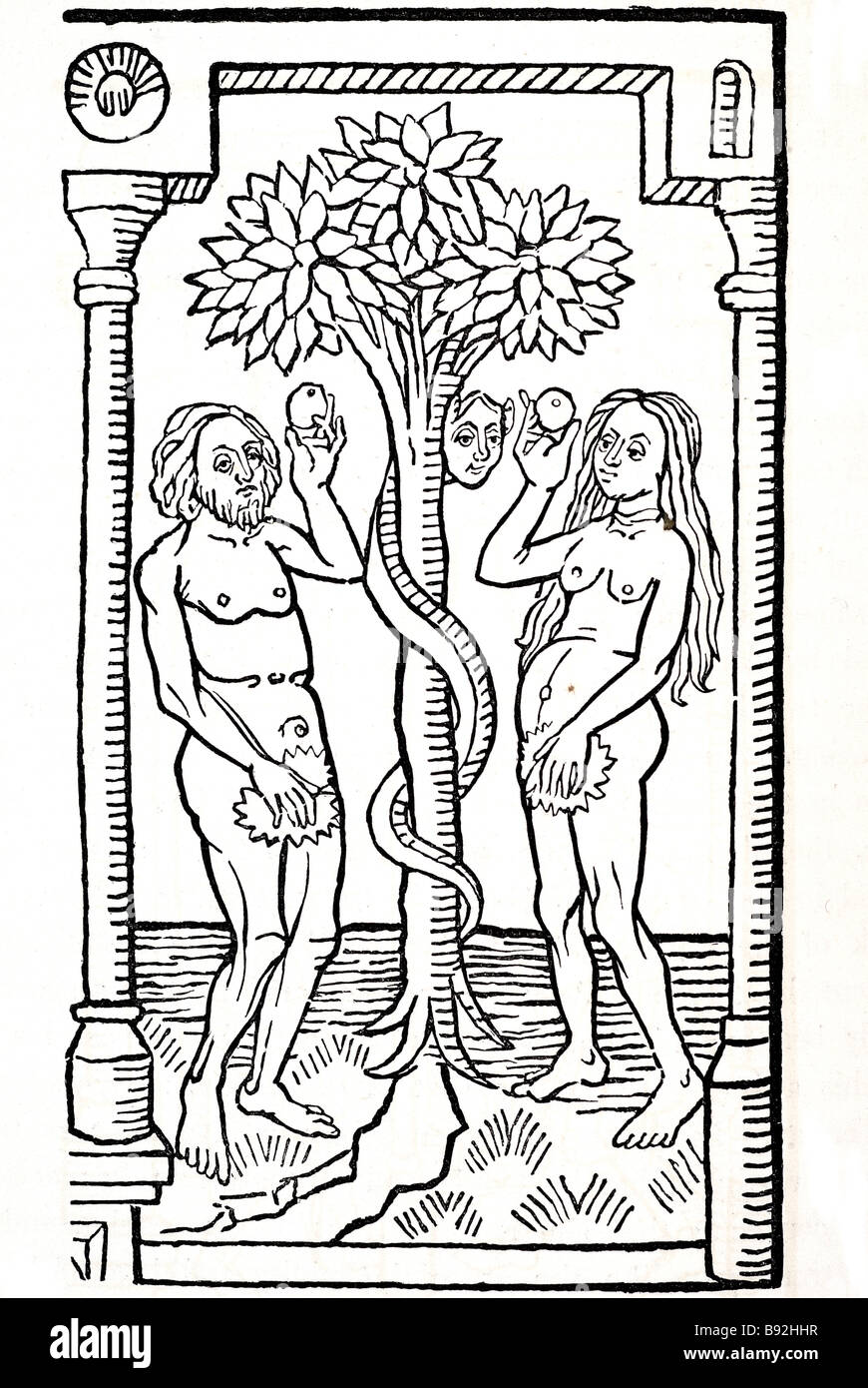 Adam Eva Rutschbahnen Apfel Schlange Schlange Versuchung Adam verboten sind der erste Mann und Frau in den hebräischen Schöpfung von Gott geschaffen Stockfoto
