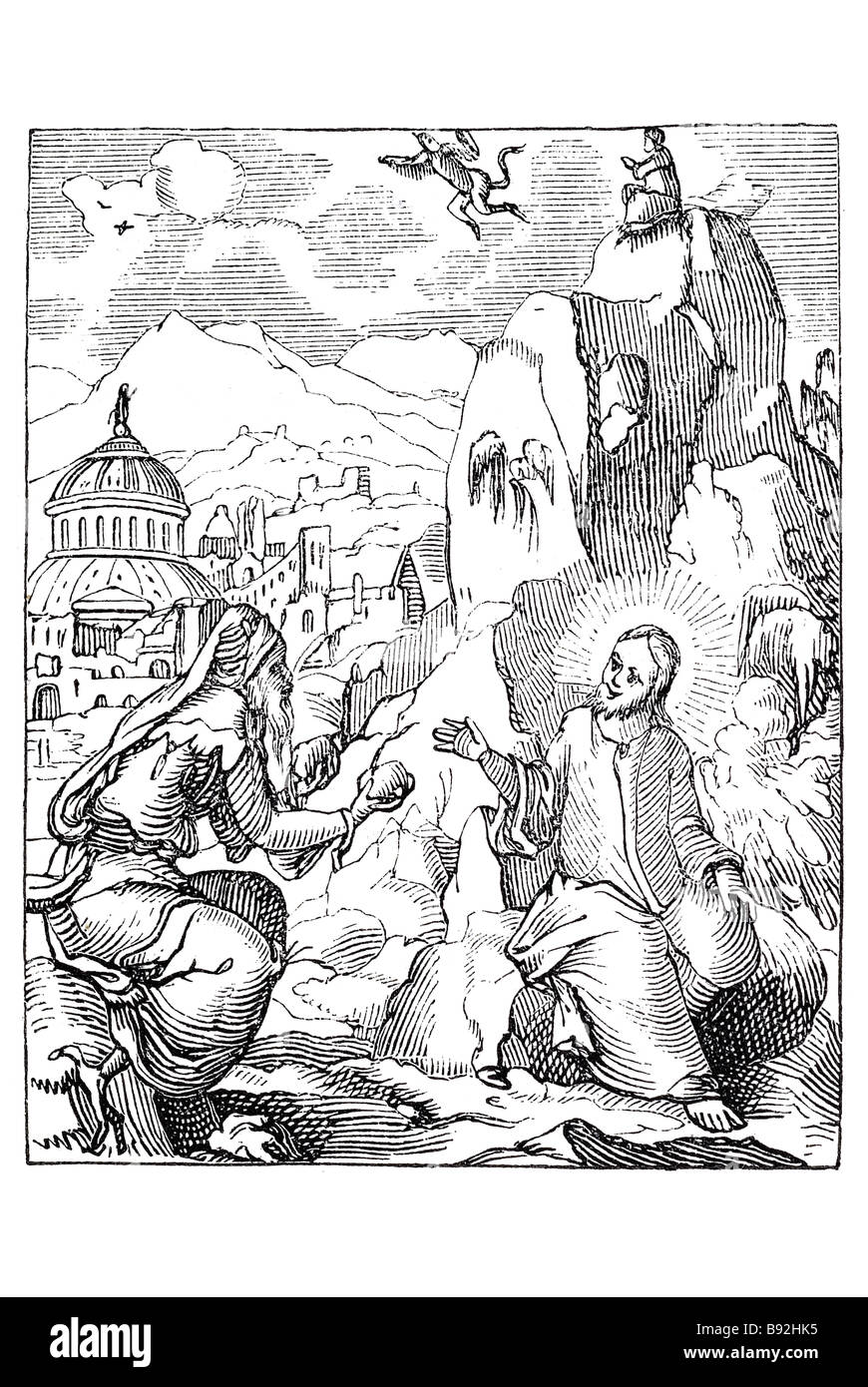 Christus durch Satan Gott Religion böse Wüste Brot Wasser Zeitraum versucht Kleid die Versuchung Christi im Christentum, bezieht sich auf th Stockfoto