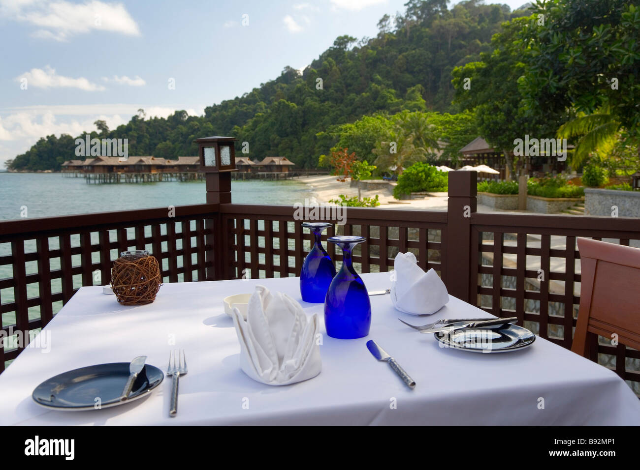 Esstisch Palau Pangkor Laut, Westküste, Malaysia Stockfoto