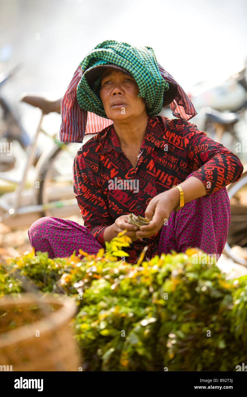 Alten kambodschanische Frauen verkaufen produzieren am Skuom Markt auf der Straße nach Angkor Wat, Kambodscha Stockfoto