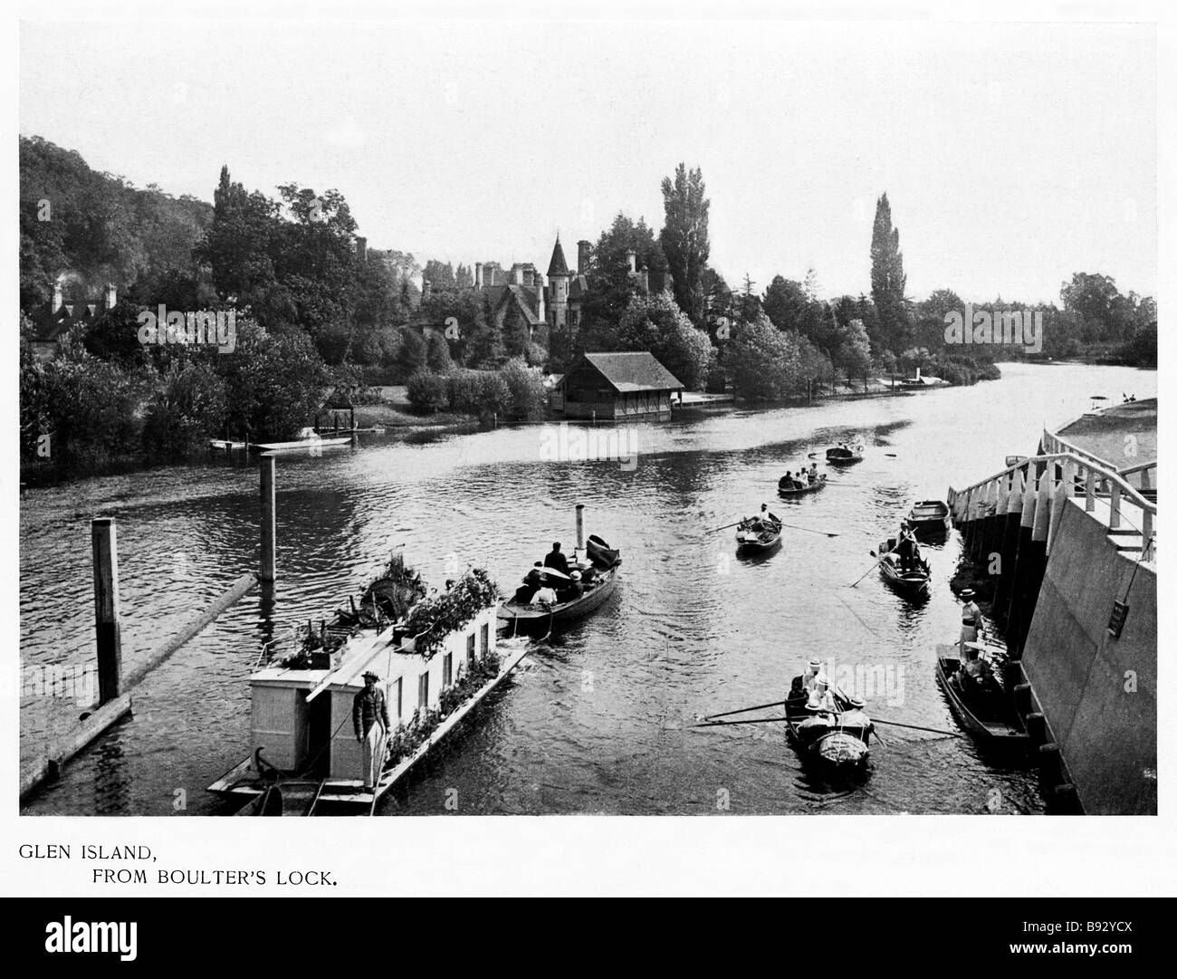 Glen Island Edwardian Foto von der Themse Schönheitsstelle Boulters Schloss in der Nähe von Maidenhead beliebt bei Bootfahren Parteien neben Stockfoto