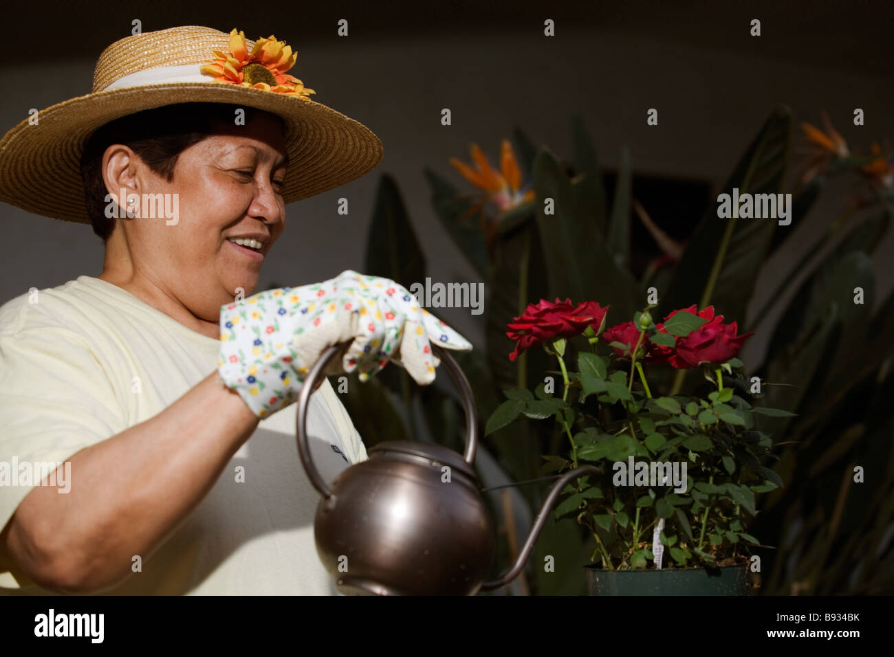 Hochrangige asiatische Frau Stroh Hut im freien Blumen gießen Stockfoto