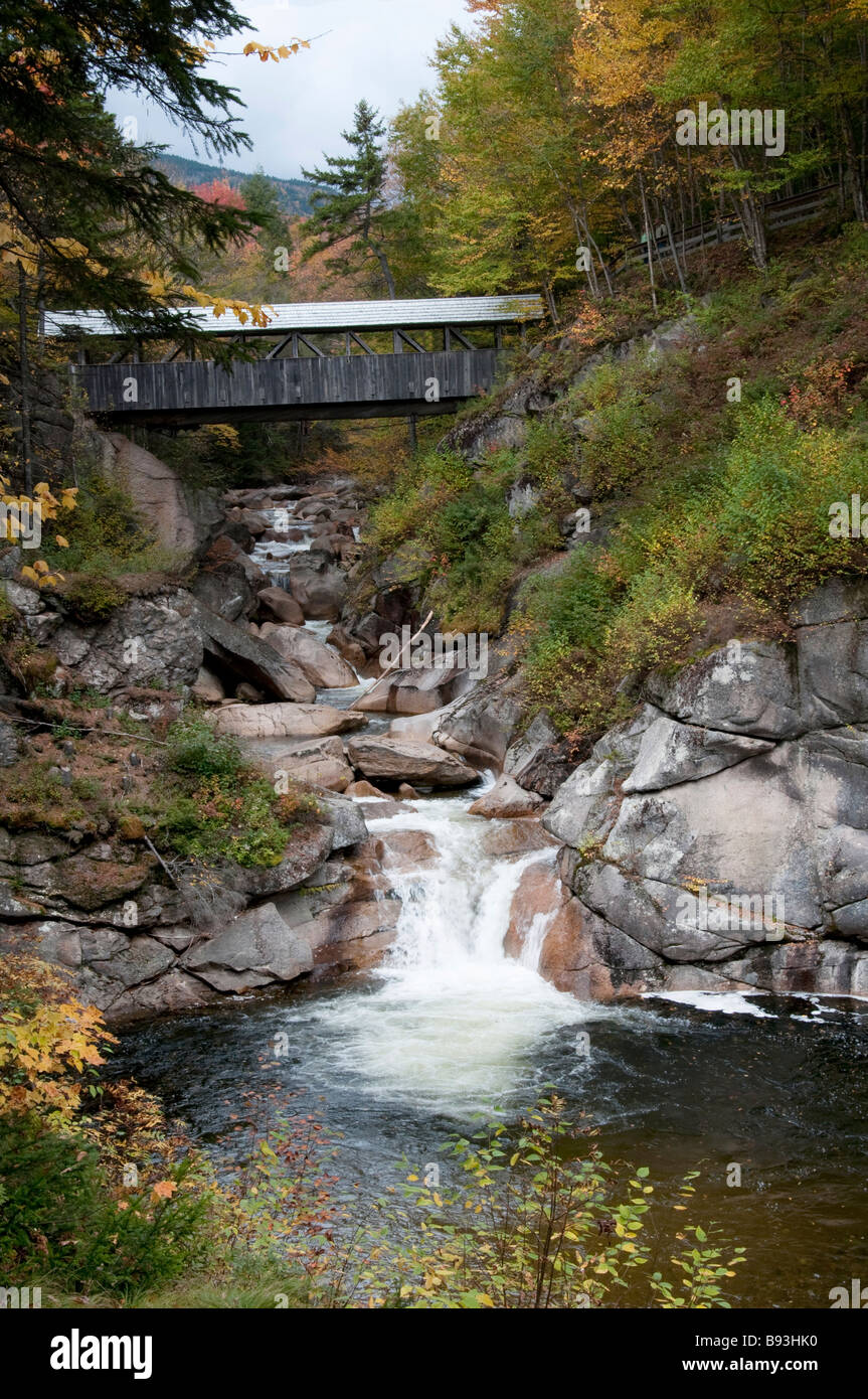 Wasserfall fließt unter einer gewölbten Brücke Stockfoto