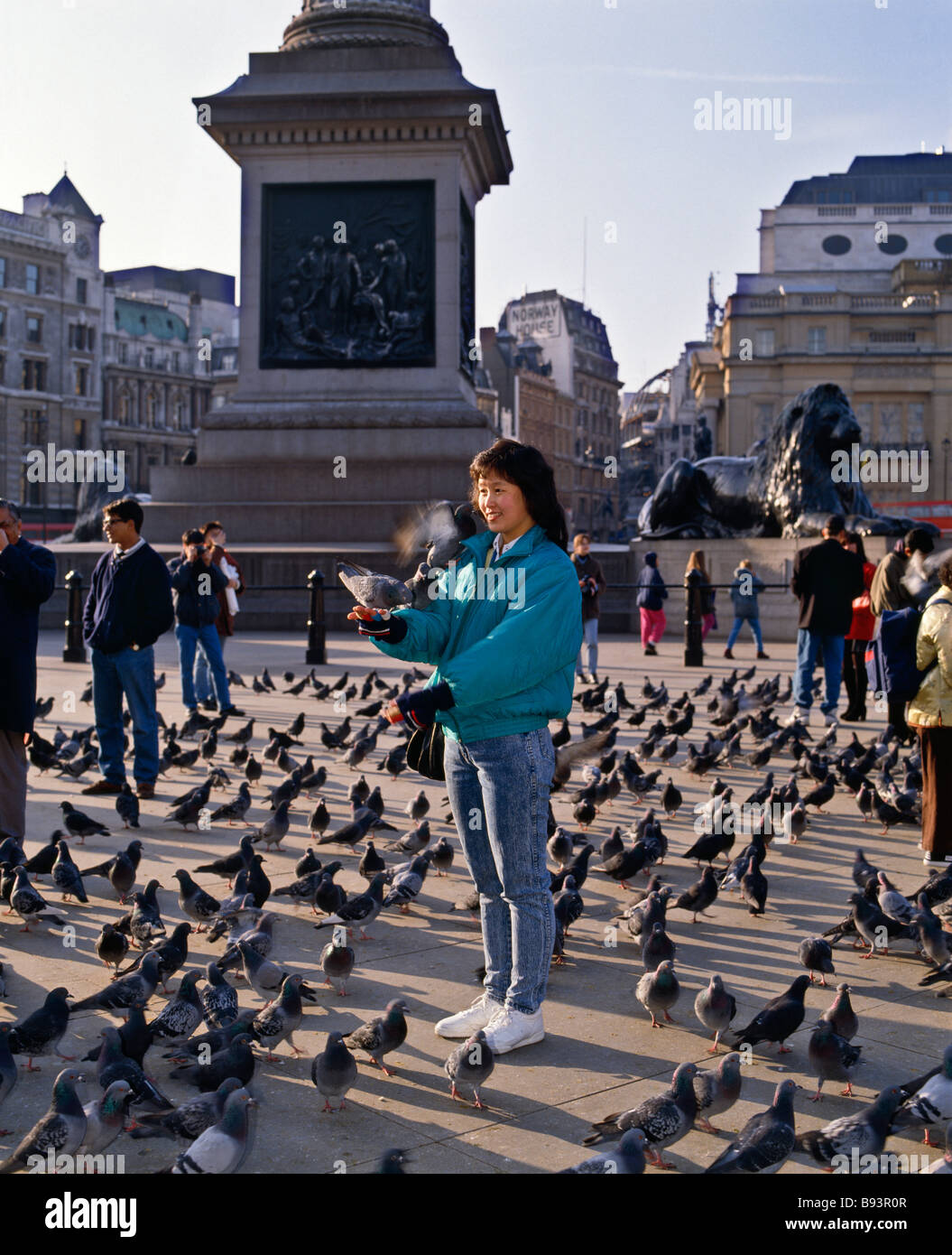 Tourist in Trafalgar Square in London Tauben füttern Stockfoto