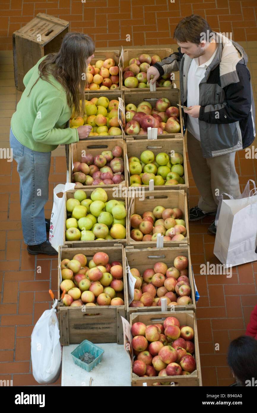 Mann kauft Äpfel am Bauernmarkt jeden Samstag ganzjährig in Troy, New York Stockfoto