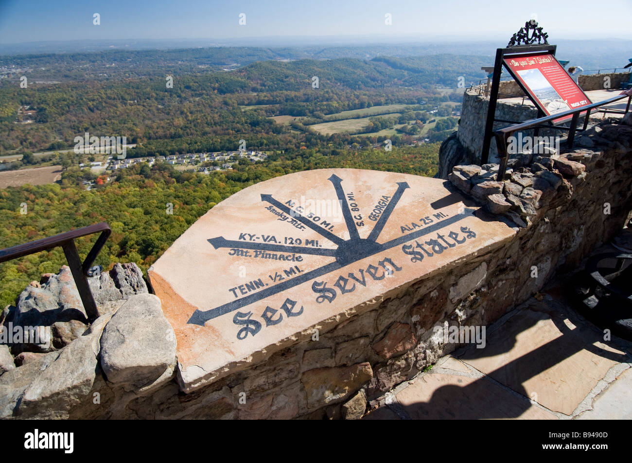 Zeichen in sieben Staaten Plaza im Rock City Gardens auf Lookout Mountain in der Nähe von Chattanooga, Tennessee Stockfoto