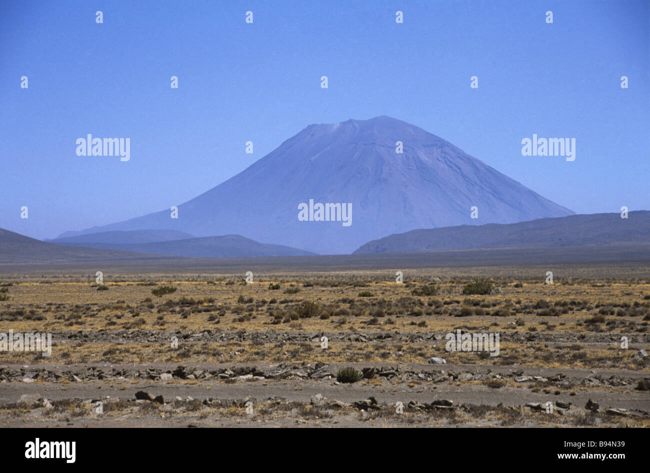 Hoher altiplano und El Misti Vulkan, Aguada Blanca National Vicuña Reserve, in der Nähe von Arequipa, Peru Stockfoto