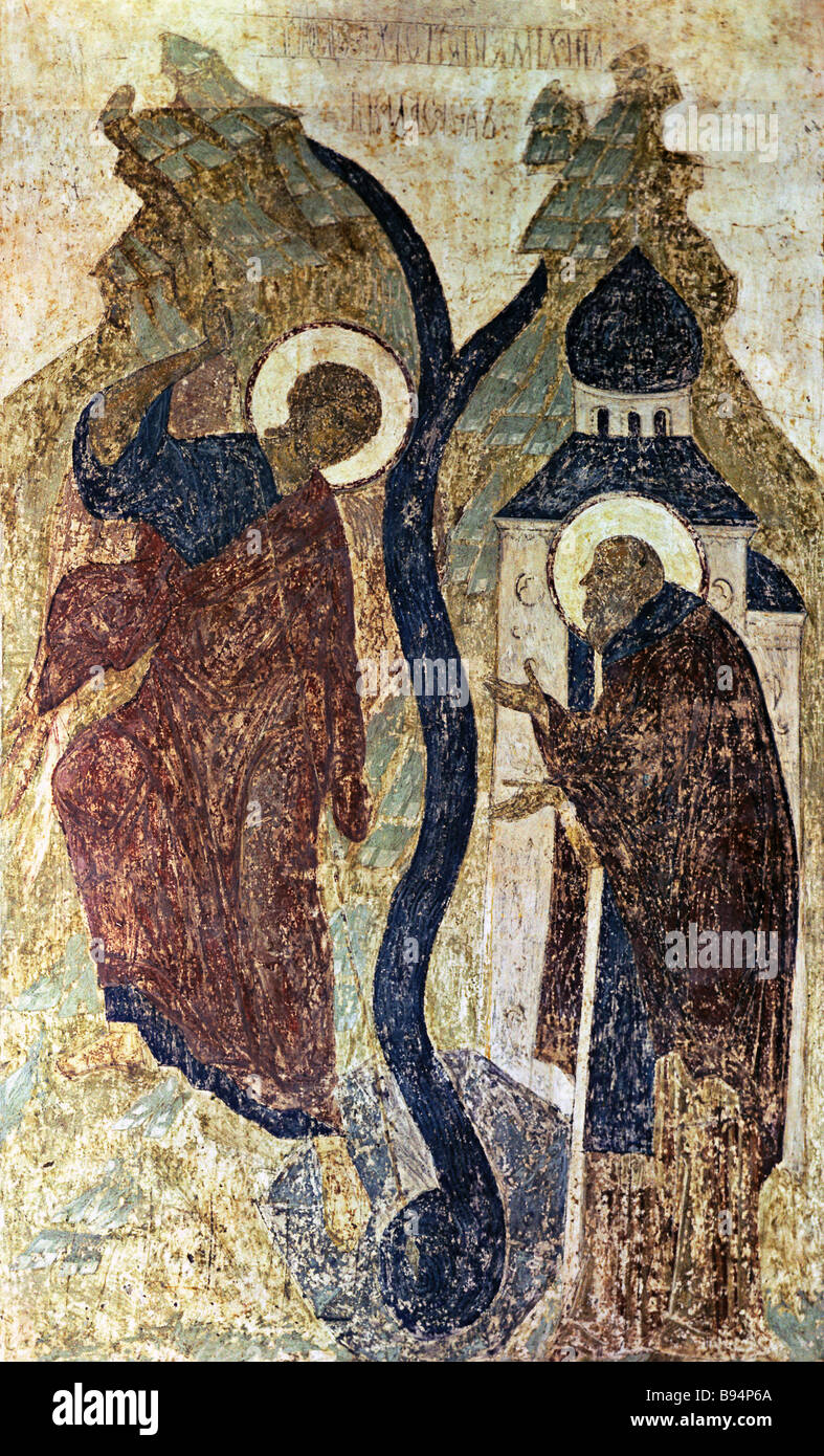 Das Fresko das Wunder Khonekh Theodosius 1508 der Moskauer Kreml die Verkündigung Kathedrale Stockfoto