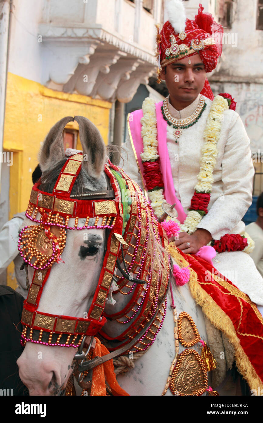 Indien Rajasthan Udaipur Hochzeit Prozession Bräutigam Stockfoto