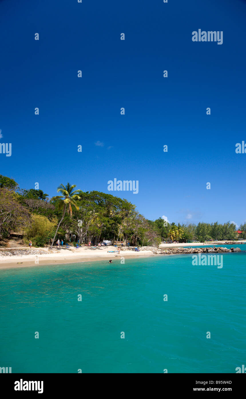 WEST INDIES Karibik St. Lucia Gros Islet Taube Insel nationalen historischen Park Touristen am Strand mit Kokospalmen gesäumt Stockfoto