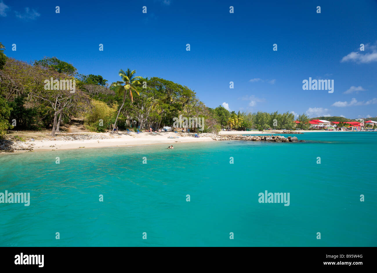 WEST INDIES Karibik St. Lucia Gros Islet Rodney Bay Taube Nationalpark Touristen am Strand mit Kokospalmen gesäumt Stockfoto